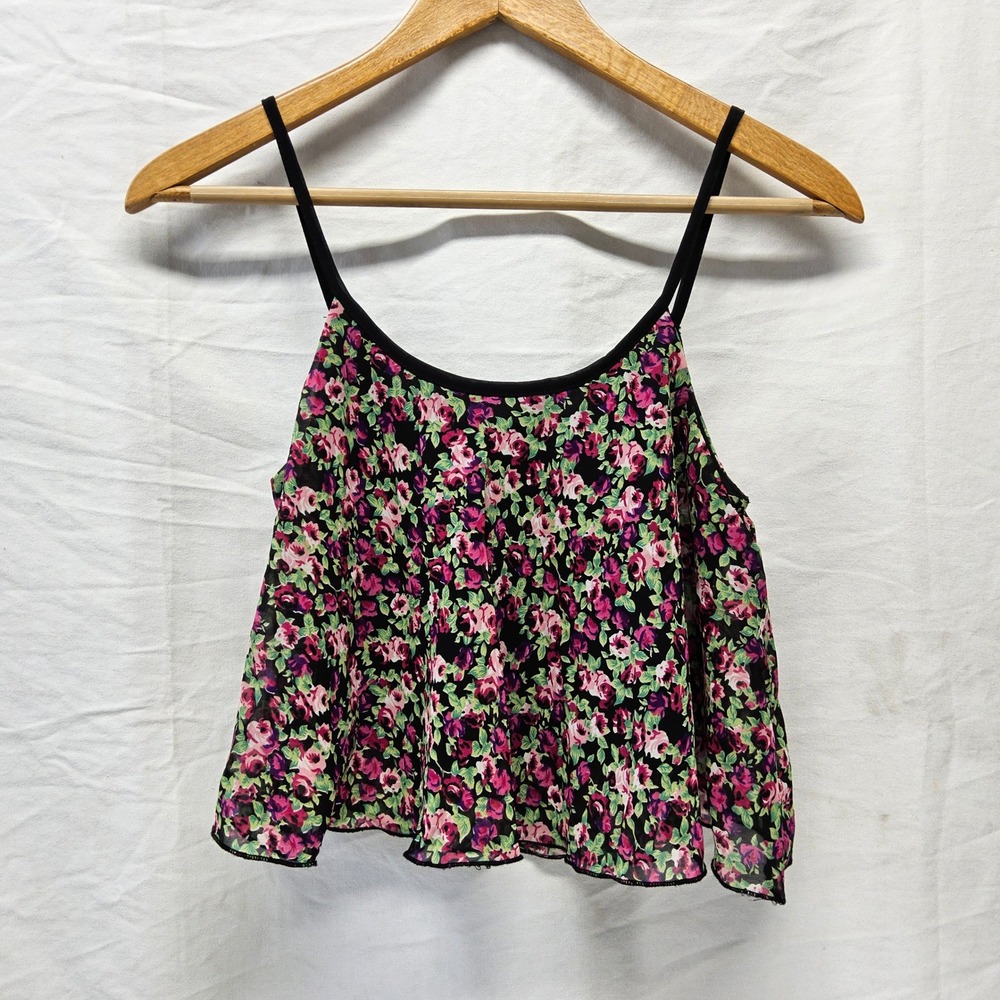 LA Hearts Floral Cami Crop Top Womens XS Black Pink Flowy Sheer Overlay Boho